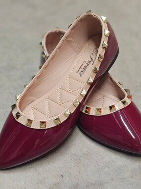 Studded Burgundy Patent Leather Flats With Pointed Toe & Quilted Insole